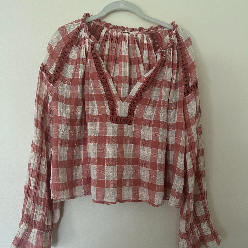 Free People Gingham V-Neck Shirt S